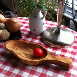 Little olive wood bowl with handle, individually formed