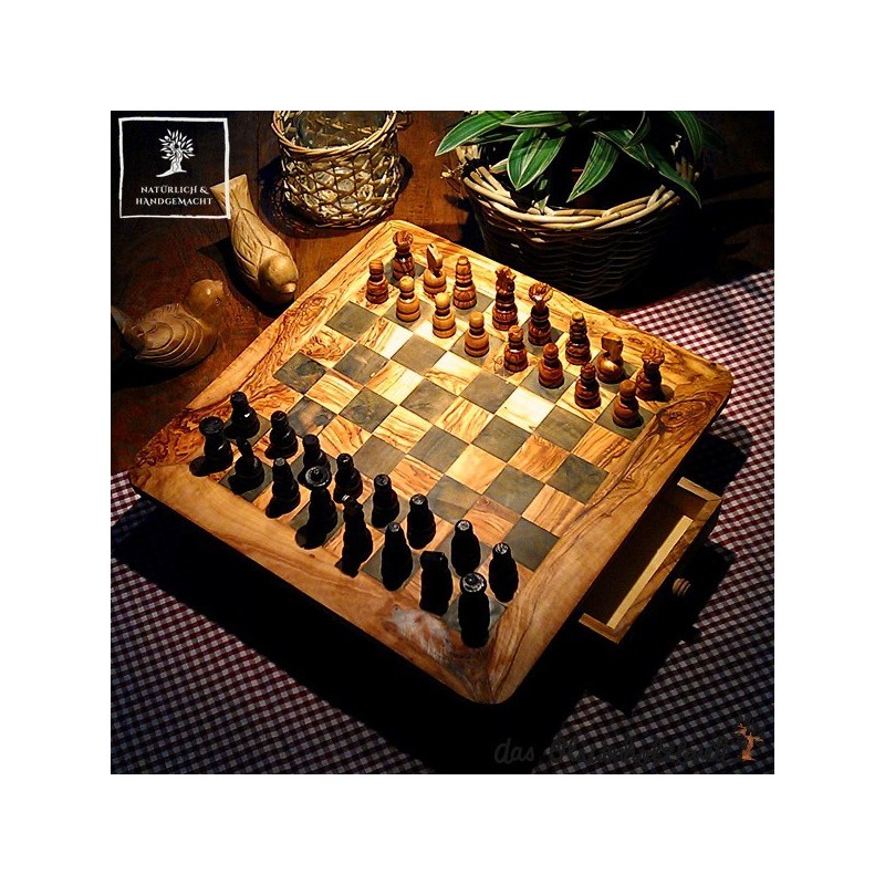 Large Olive wood Chess Board 16 x 16 Rustic Live Edge with 32  hand-crafted chess pieces + handmade Bag for pieces