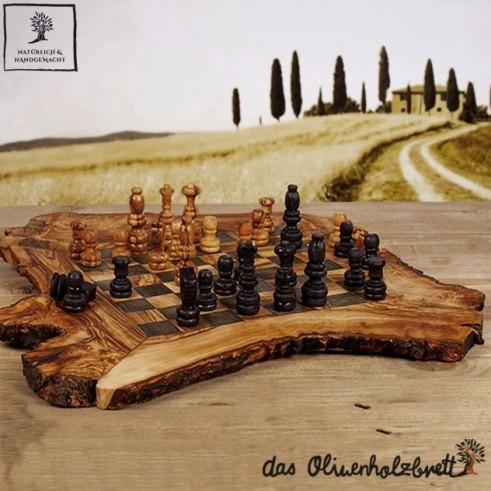 26x26cm Olivenholz Schachbrett mit Figuren und Schale rustikal ca 