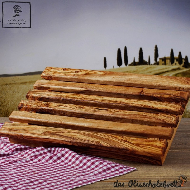 Bread cutting board olive wood with crumb catcher, useful kitchen utensil,  handmade