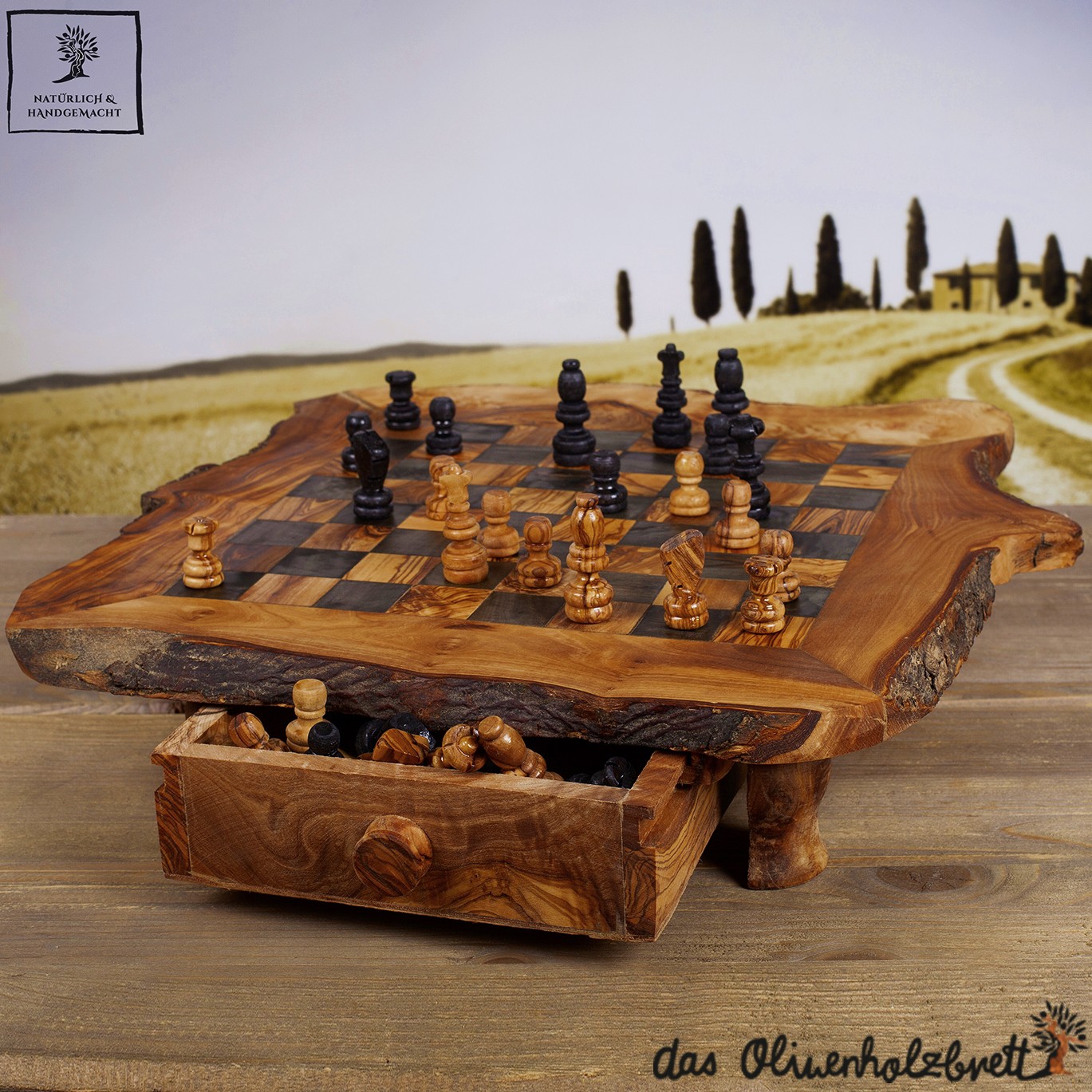 Olive wood chess game, handmade rustic style including figures