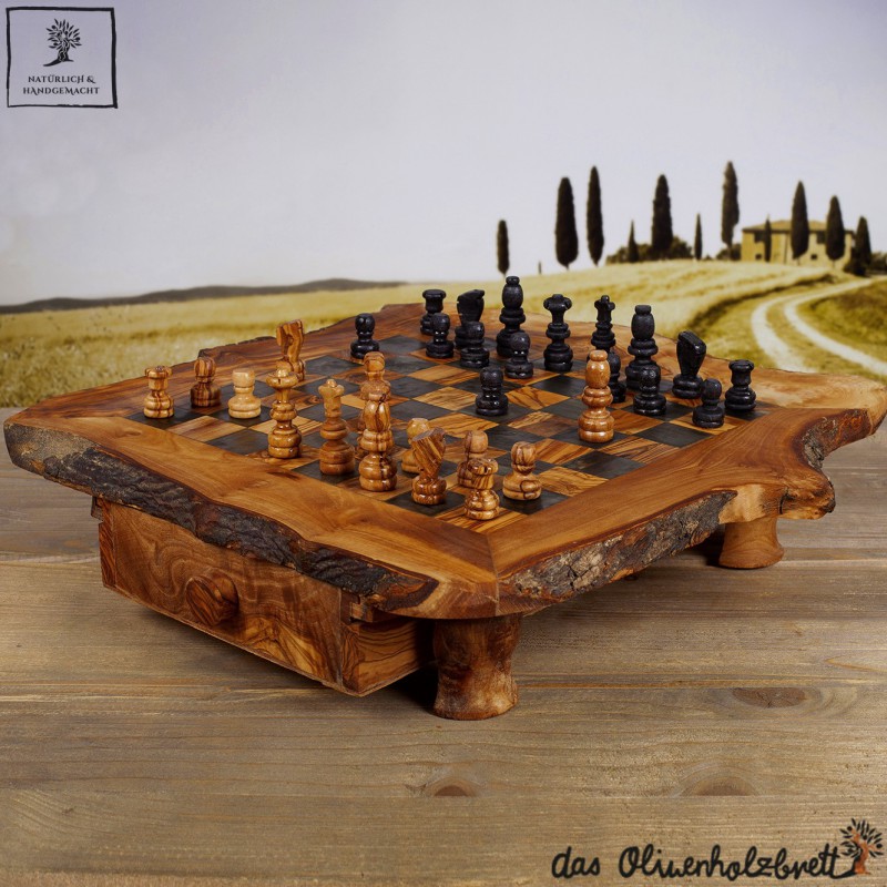 Olive wood chess game, handmade rustic style including figures